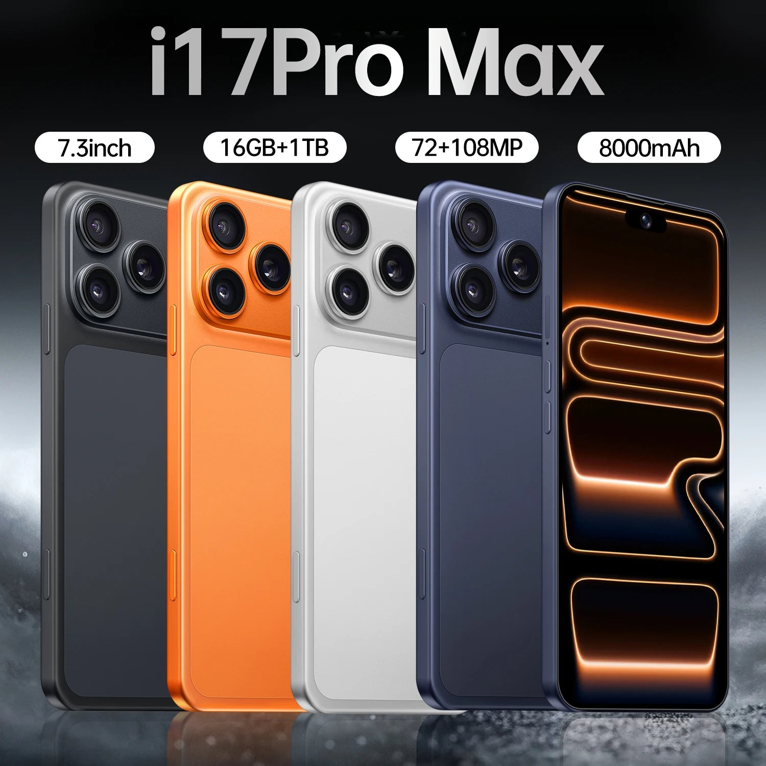 Latest I17Pro Max Ten Core Smartphone 7.3 Inch HD AMOLED 90Hz Display Android 14 German French Spanish Dual SIM 8000mAh Battery