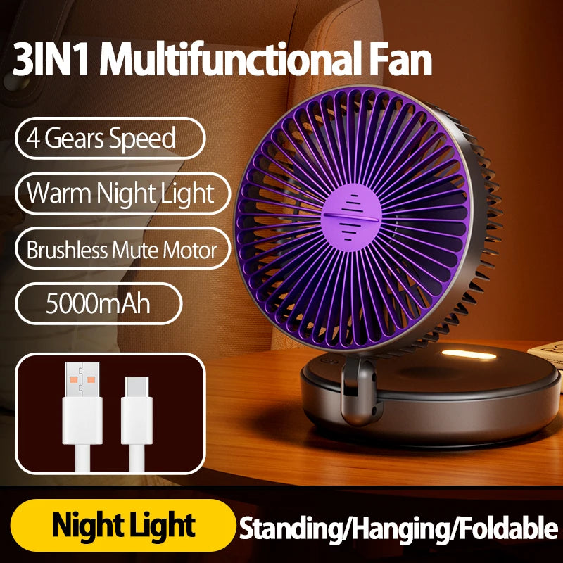 2024 nouveau 5000mAh Rechargeable 3IN1 ventilateur Portable multifonctionnel ventilateur mural 90 °   Ventilateur pliant 4 vitesses avec veilleuse chaude