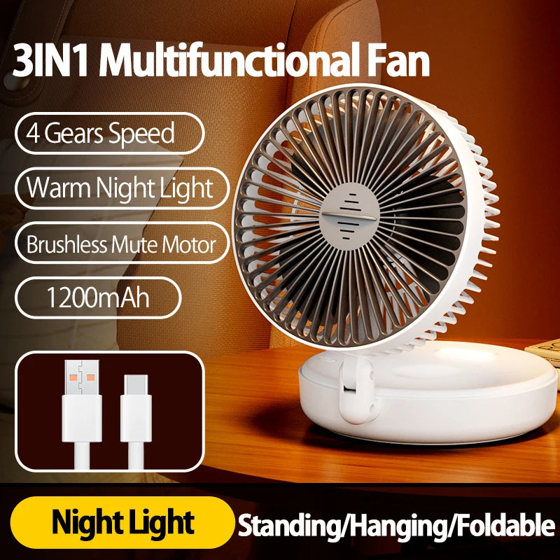 2024 nouveau 5000mAh Rechargeable 3IN1 ventilateur Portable multifonctionnel ventilateur mural 90 °   Ventilateur pliant 4 vitesses avec veilleuse chaude