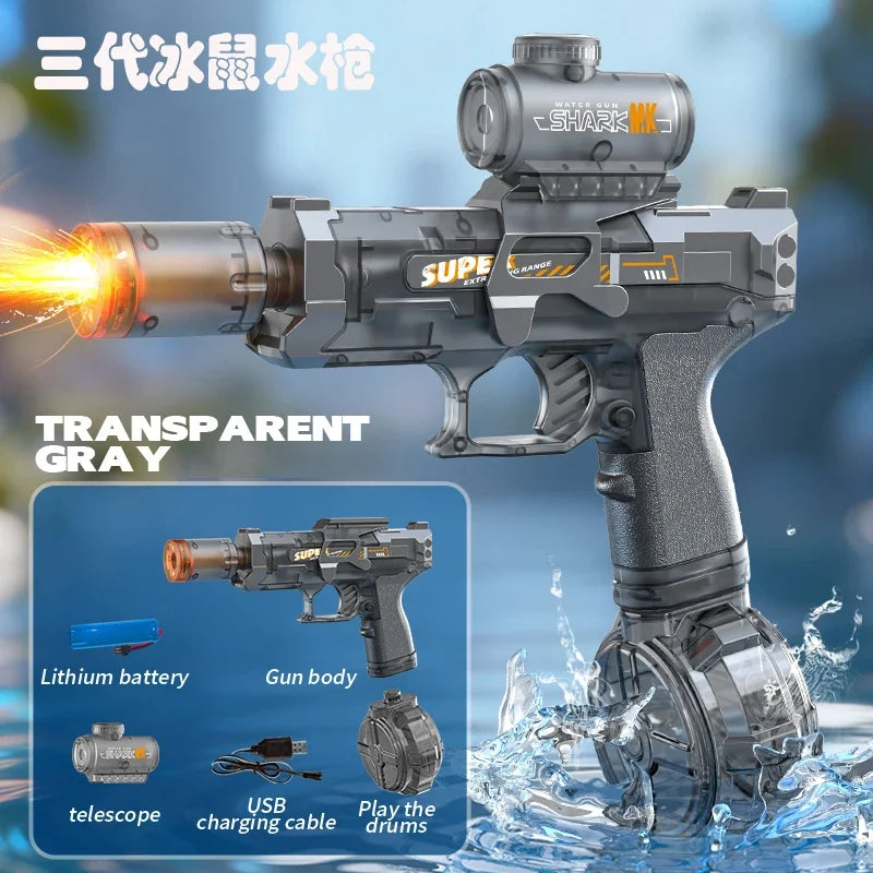 Pistolet à eau électrique à simulation de tir et de recul, jouet pour enfants avec capteur automatique et lumières, pistolet à eau pour l'été, la plage et les activités de plein air