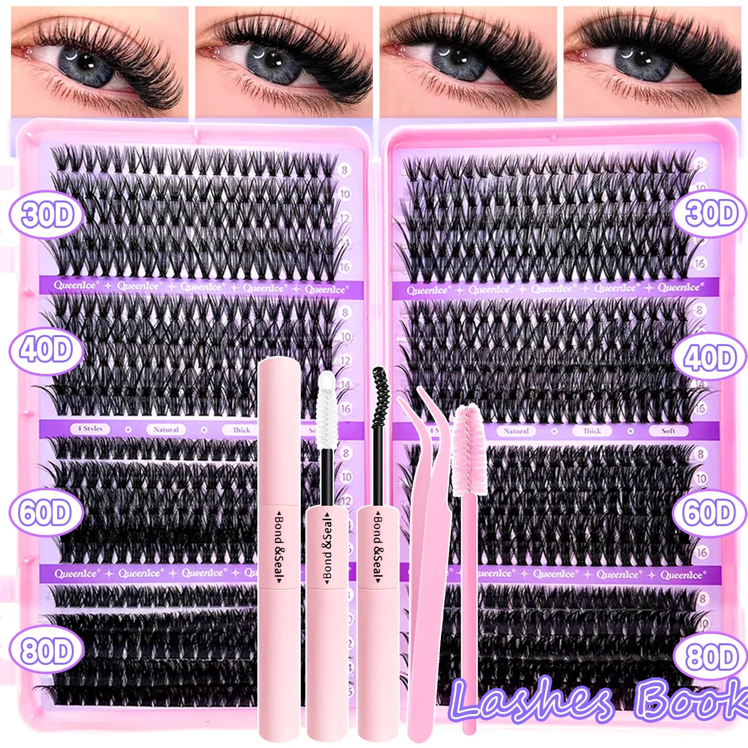Kit d'extension de cils bricolage grappes Kit de cils individuels 9-16mm avec liaison et joint cils Mange naturels vaporeux