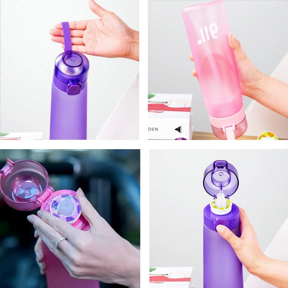 1 bouteille d'eau à air avec 1 dosette de saveur aléatoire portable transparente avec paille anti-fuite adaptée aux sports de plein air