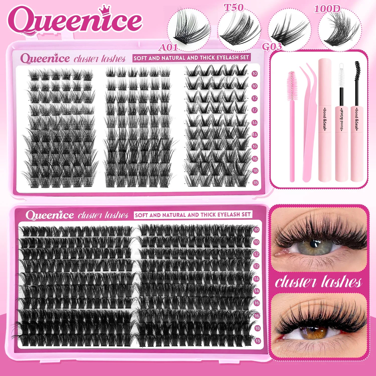 Kit d'extension de cils bricolage grappes Kit de cils individuels 9-16mm avec liaison et joint cils Mange naturels vaporeux