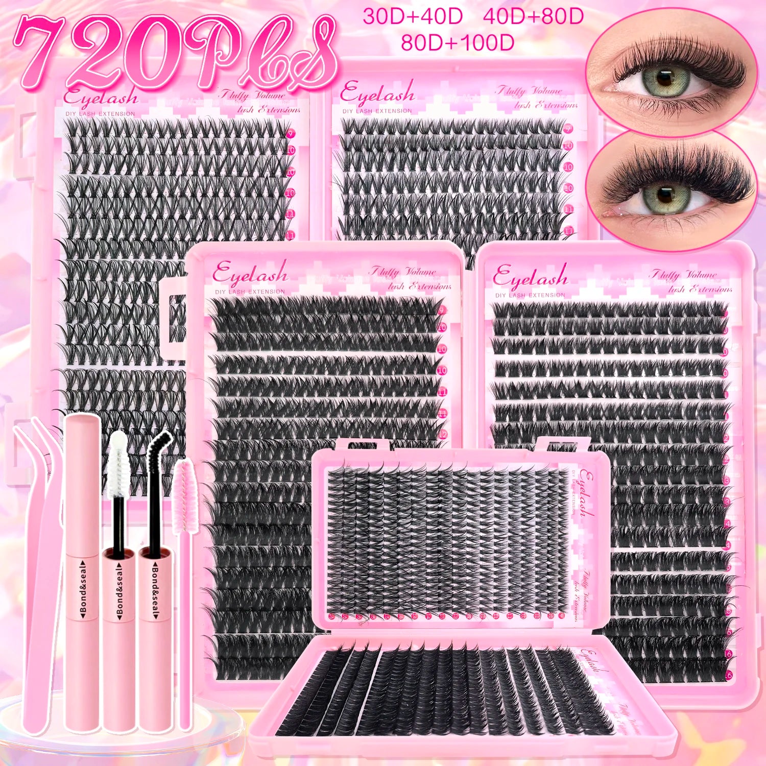 Kit d'extension de cils bricolage grappes Kit de cils individuels 9-16mm avec liaison et joint cils Mange naturels vaporeux