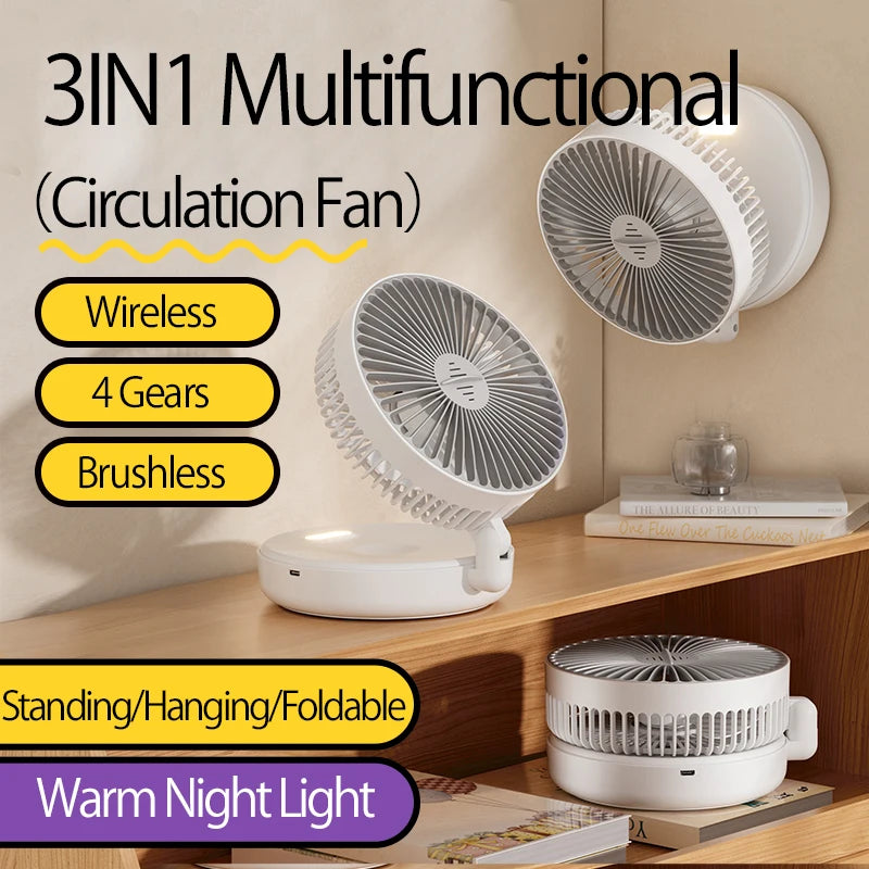 2024 nouveau 5000mAh Rechargeable 3IN1 ventilateur Portable multifonctionnel ventilateur mural 90 °   Ventilateur pliant 4 vitesses avec veilleuse chaude