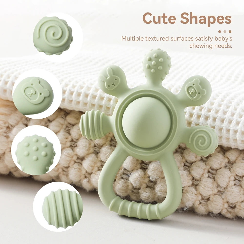Anneau de dentition en Silicone sans BPA, qualité alimentaire pour bébé de 0 à 12 ans, hochet de dentition, jouets sensoriels pour tout-petits, cloche à main en Silicone, jouets apaisants