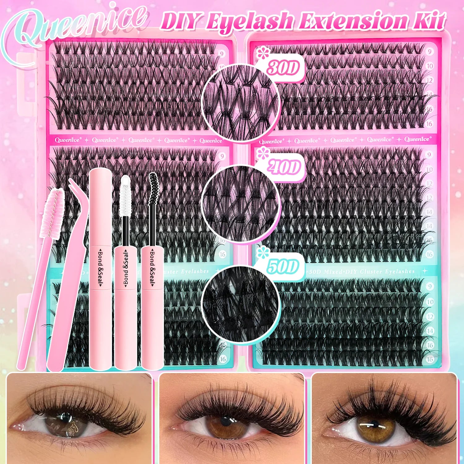 Kit d'extension de cils bricolage grappes Kit de cils individuels 9-16mm avec liaison et joint cils Mange naturels vaporeux