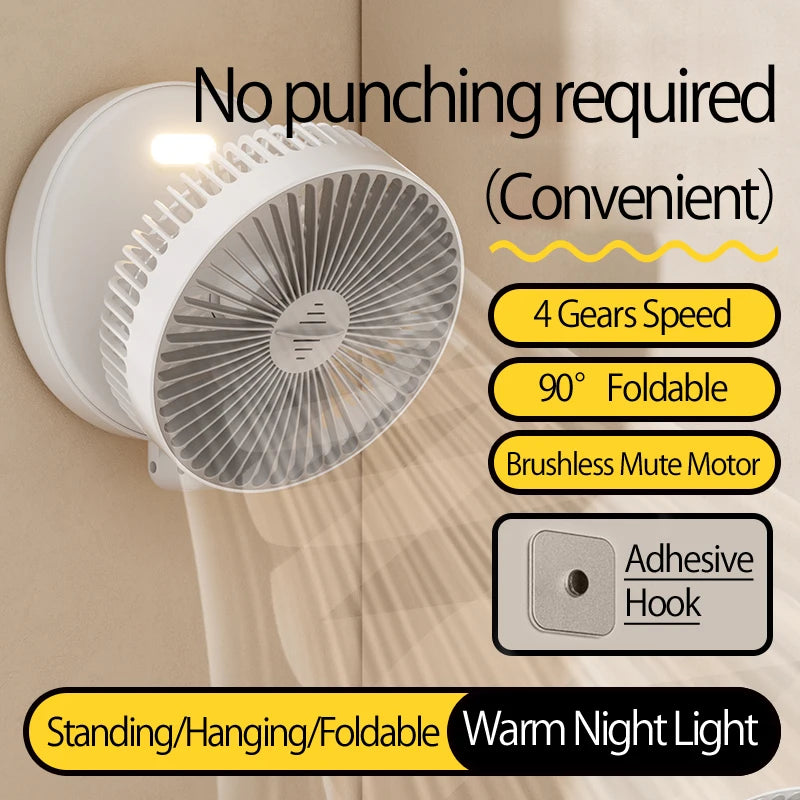 2024 nouveau 5000mAh Rechargeable 3IN1 ventilateur Portable multifonctionnel ventilateur mural 90 °   Ventilateur pliant 4 vitesses avec veilleuse chaude