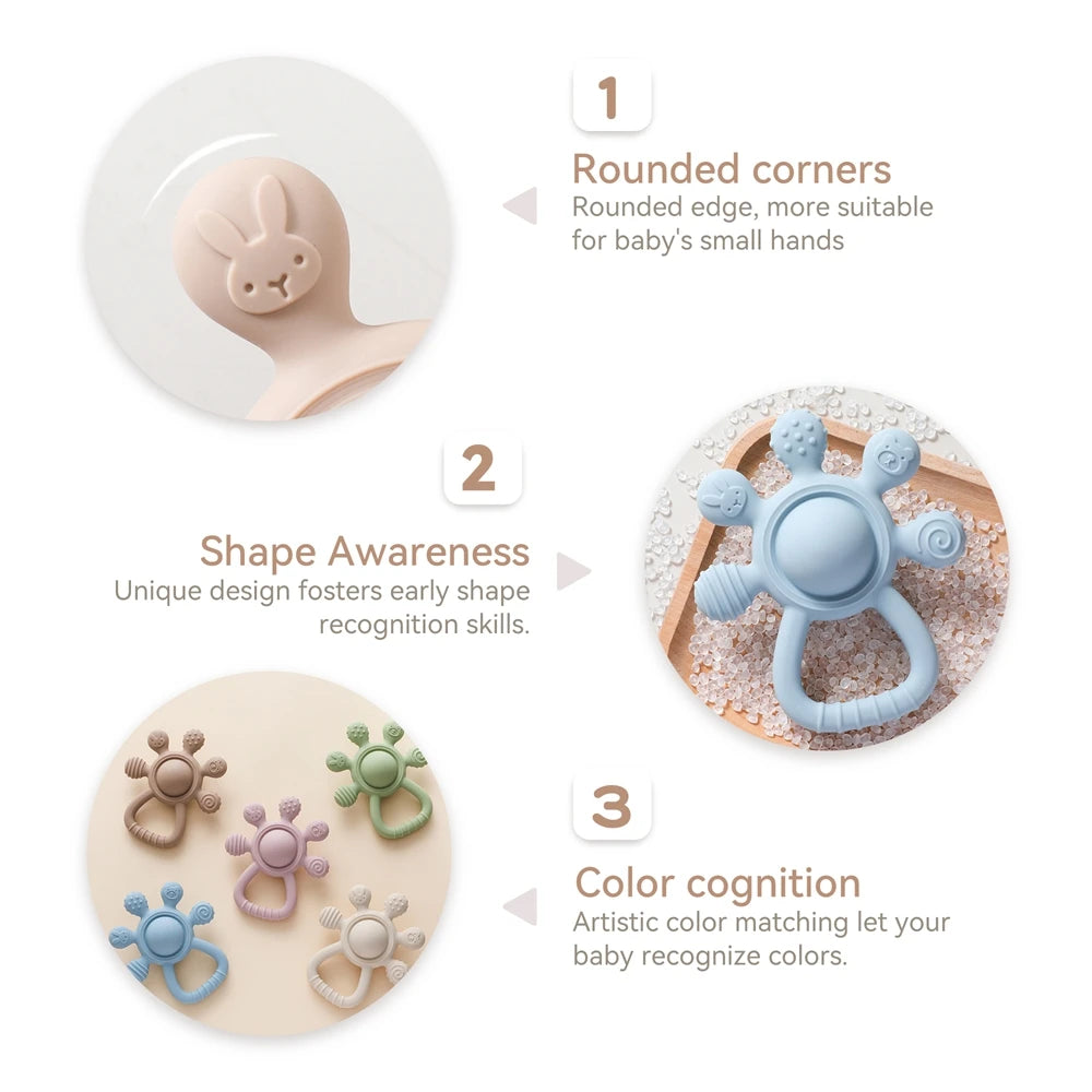 Anneau de dentition en Silicone sans BPA, qualité alimentaire pour bébé de 0 à 12 ans, hochet de dentition, jouets sensoriels pour tout-petits, cloche à main en Silicone, jouets apaisants